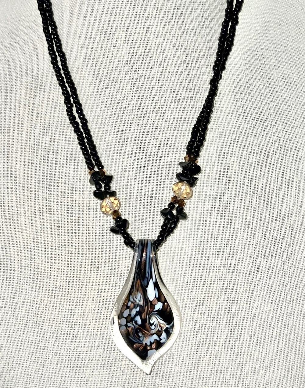 Lucas Lameth 925 Sterling Silver Beaded Art Glass Pendant Necklace Black Gold